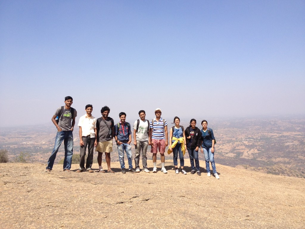 Group photo from an outing to Savandurga showing Prof. Vishwesha Guttal, Prof. Jaideep Joshi, Dr. Ashwin Vishwanathan, Dr. Amit Agrawal, Dr. Sabiha Majumder, and Chavvi Chawla. The team is from the Theoretical Ecology and Evolutionary Laboratory at the Centre for Ecological Sciences, IISc, Bengaluru.