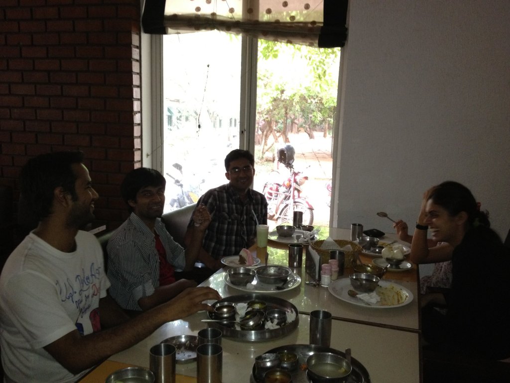 Dr. Amit Agrawal, Prof. Vishwesha Guttal, and Dr. Sabiha Majumder having a team lunch at Nesra, on the campus of the Indian Institute of Science (IISc), Bengaluru.