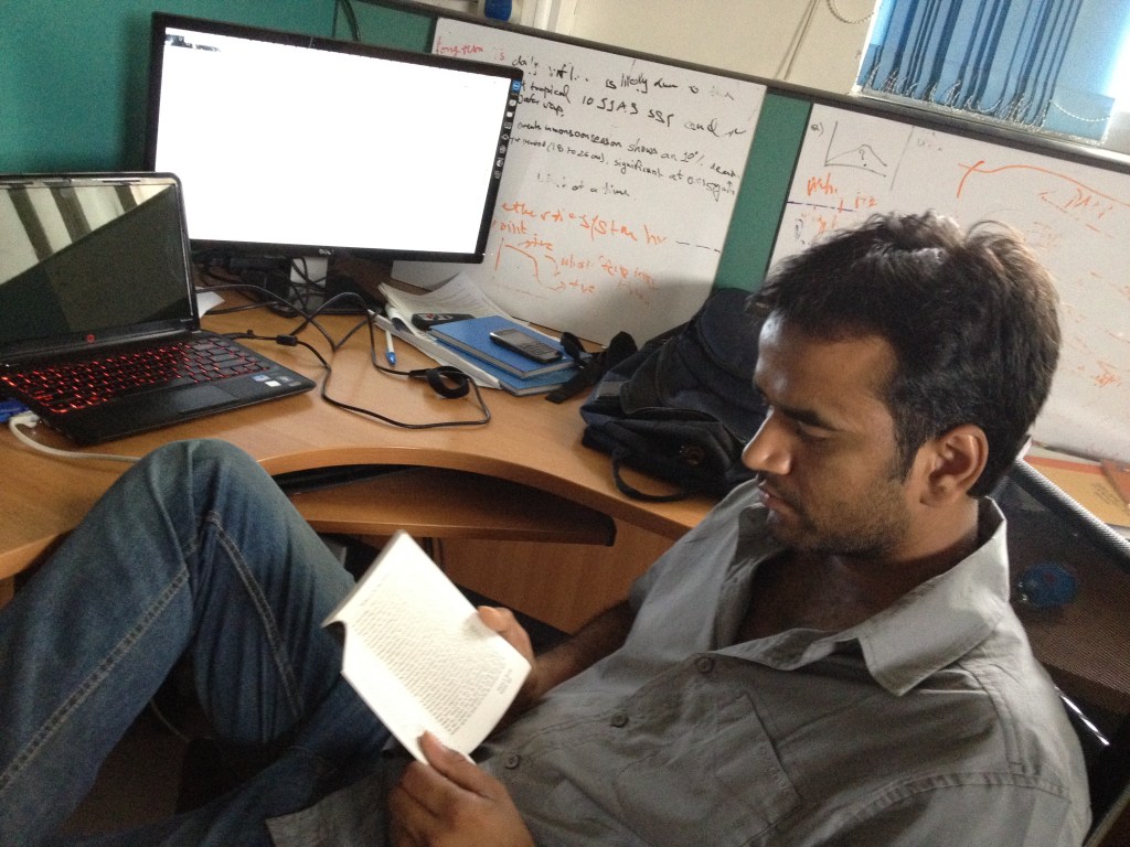 Dr. Amit Agrawal at his desk in Prof. Vishu Guttal's TEE Lab at IISc. His work here led to the paper 'Alternative stable states and spatial indicators of critical slowing down' published in Global Ecology and Biogeography.